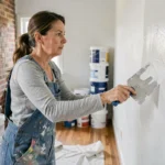 Femme en salopette appliquant du plâtre blanc sur un mur en cours de rénovation intérieure