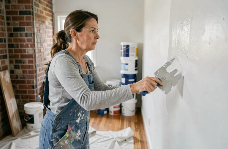 Femme en salopette appliquant du plâtre blanc sur un mur en cours de rénovation intérieure