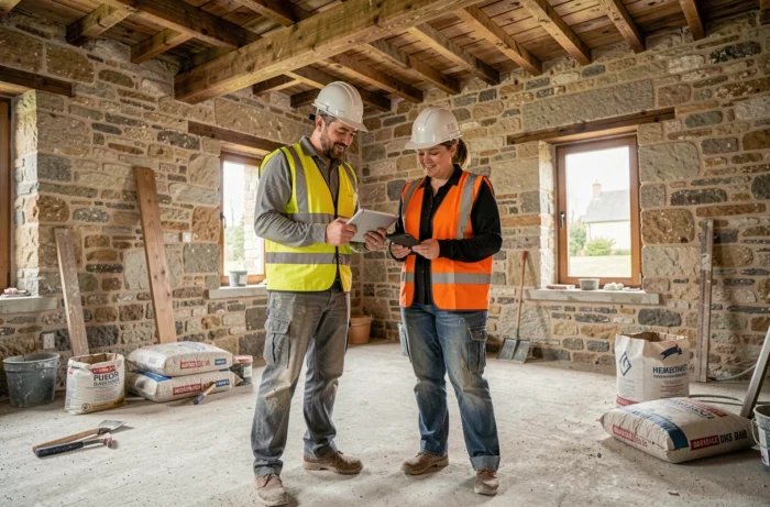 Deux ouvriers du bâtiment consultant un plan numérique lors d'une rénovation de maison en pierre dans le Cher