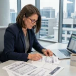 Responsable des achats en entreprise analysant des bons de commande et factures fournisseurs sur son bureau de bureau moderne