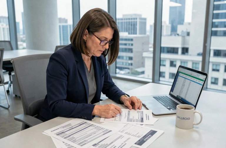 Responsable des achats en entreprise analysant des bons de commande et factures fournisseurs sur son bureau de bureau moderne