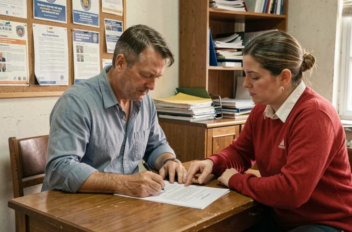 Salarié signant un document officiel avec un représentant syndical dans un bureau syndical, illustrant les droits liés aux avantages individuels acquis