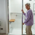 Femme senior souriante dans une salle de bain adaptée avec barre de maintien et douche à l'italienne