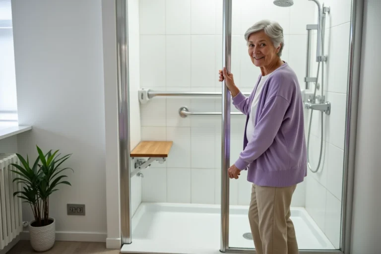 Femme senior souriante dans une salle de bain adaptée avec barre de maintien et douche à l'italienne