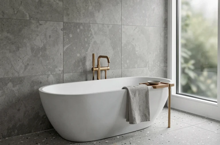 Salle de bain moderne avec baignoire îlot blanche, carrelage effet béton et robinetterie en laiton brossé