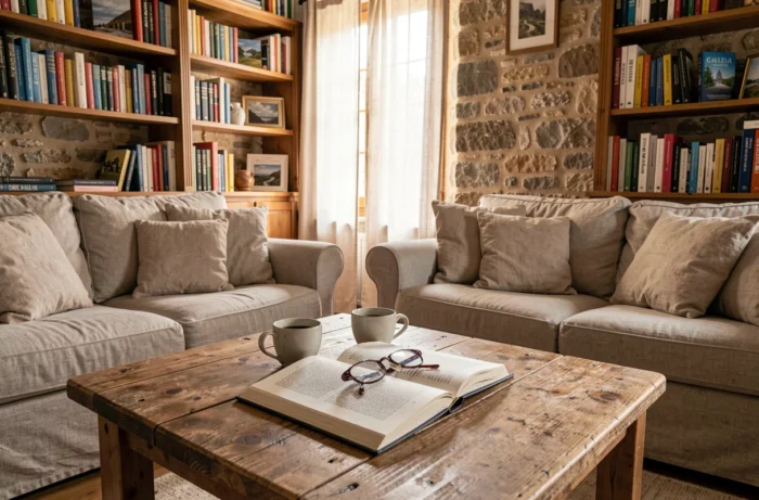 Intérieur cosy d'un salon français avec deux tasses de café et un livre de voyage ouvert, illustrant la vie domestique et privée d'un couple célèbre