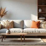Salon de style scandinave décoré avec un canapé en lin gris, des coussins texturés et un parquet en chêne en chevrons, idée déco intérieur maison