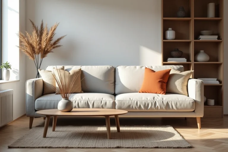 Salon de style scandinave décoré avec un canapé en lin gris, des coussins texturés et un parquet en chêne en chevrons, idée déco intérieur maison