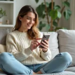 Jeune femme utilisant Instagram sur son smartphone pour sauvegarder des photos et vidéos depuis son canapé