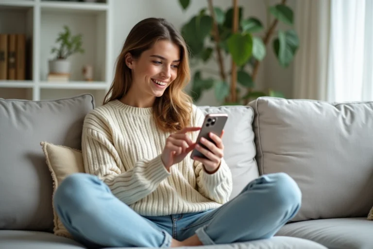Jeune femme utilisant Instagram sur son smartphone pour sauvegarder des photos et vidéos depuis son canapé