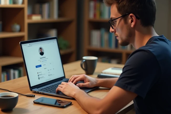 Homme sauvegardant des photos Instagram depuis un ordinateur portable et un smartphone sur un bureau en bois