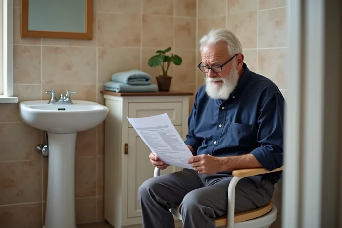 Homme âgé dans une salle de bain rénovée consultant un dossier de demande d'aide financière pour l'adaptation