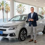 Conseiller commercial Citroën présentant un nouveau modèle dans un showroom moderne sur la Côte d'Azur