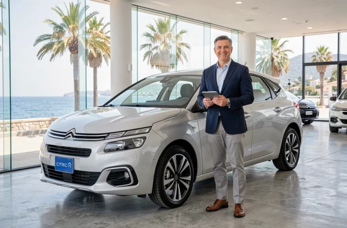 Conseiller commercial Citroën présentant un nouveau modèle dans un showroom moderne sur la Côte d'Azur
