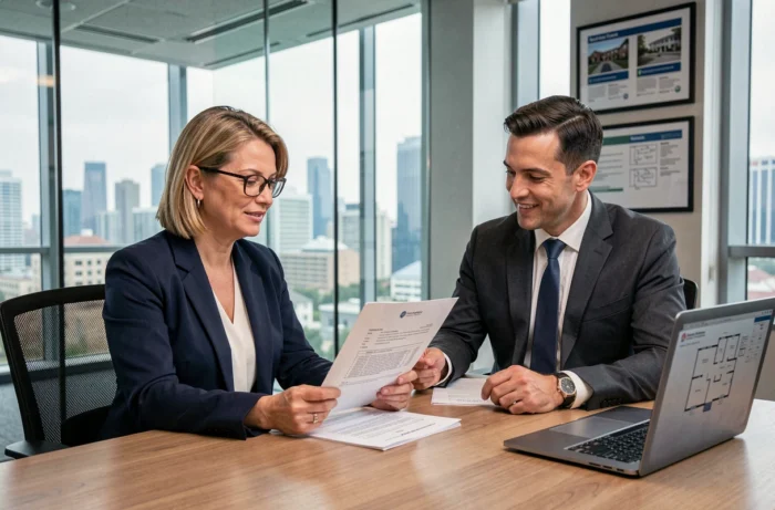 Femme professionnelle signant un contrat immobilier avec un agent dans un bureau moderne, représentant les démarches administratives pour réussir un achat immobilier