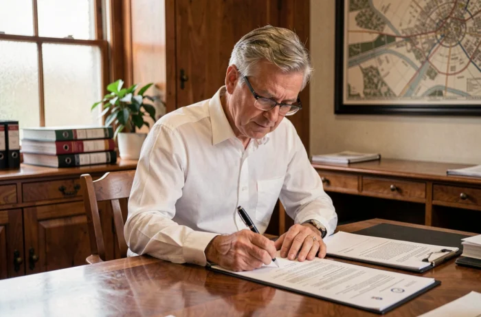 Homme signant un contrat d'investissement immobilier chez un notaire dans un bureau classique