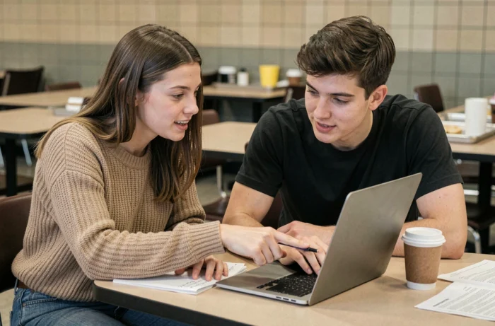 Deux étudiants s'entraident sur un projet universitaire dans la cafétéria d'un campus français