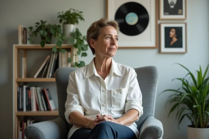 Stone chanteuse en entretien dans un espace moderne, évoquant sa santé et ses projets musicaux pour 2026