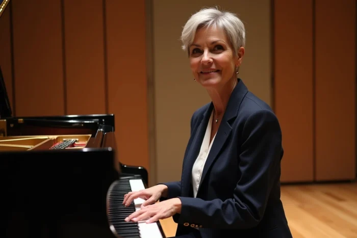 Chanteuse Stone assise devant un piano à queue dans un studio d'enregistrement professionnel, reflet de son parcours artistique en 2026