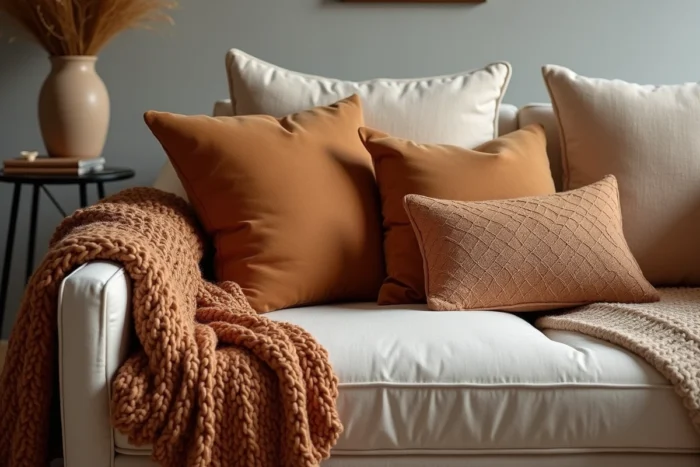 Superposition de textures sur un canapé avec coussins en velours, plaid en laine et housse en lin