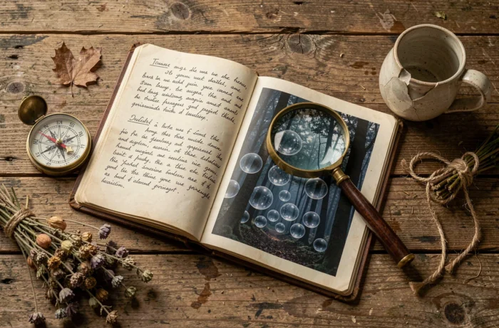 Table en bois rustique avec journal de notes, loupe et photographies d'orbes mystérieux dans un cadre de chalet campagnard