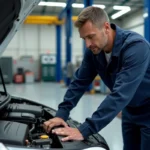 Technicien automobile inspectant le moteur d'une Renault Clio 5 dans un garage professionnel, contrôle du système d'injection
