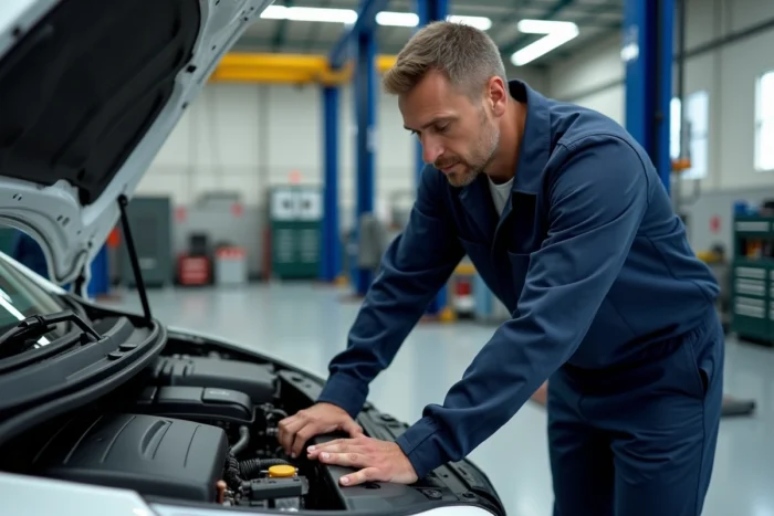 Technicien automobile inspectant le moteur d'une Renault Clio 5 dans un garage professionnel, contrôle du système d'injection
