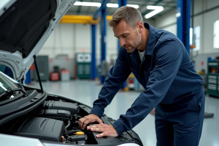 Technicien automobile inspectant le moteur d'une Renault Clio 5 dans un garage professionnel, contrôle du système d'injection