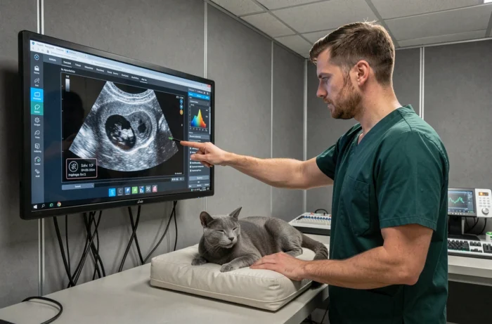 Technicien vétérinaire analysant des données d'échographie féline sur un écran numérique avancé grâce au système gmvet1