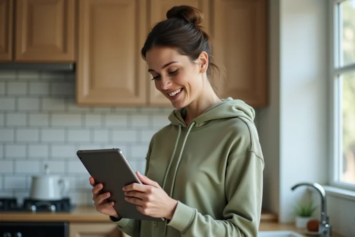 Femme consultant une tablette pour télécharger et sauvegarder des vidéos depuis Instagram dans une cuisine moderne