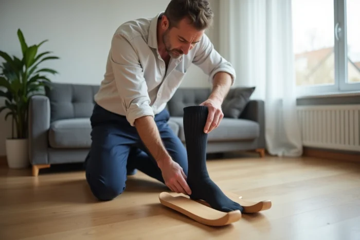 Homme utilisant des tendeurs en bois pour élargir des chaussettes en coton dans un salon minimaliste