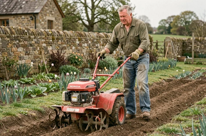 Jardinier d'âge moyen utilisant la motobineuse Honda FG 320 dans un potager, vue environnementale montrant l'ergonomie et la maniabilité de l'outil