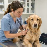 Vétérinaire examinant un golden retriever avec une tablette numérique dans une clinique vétérinaire moderne utilisant la technologie gmvet1
