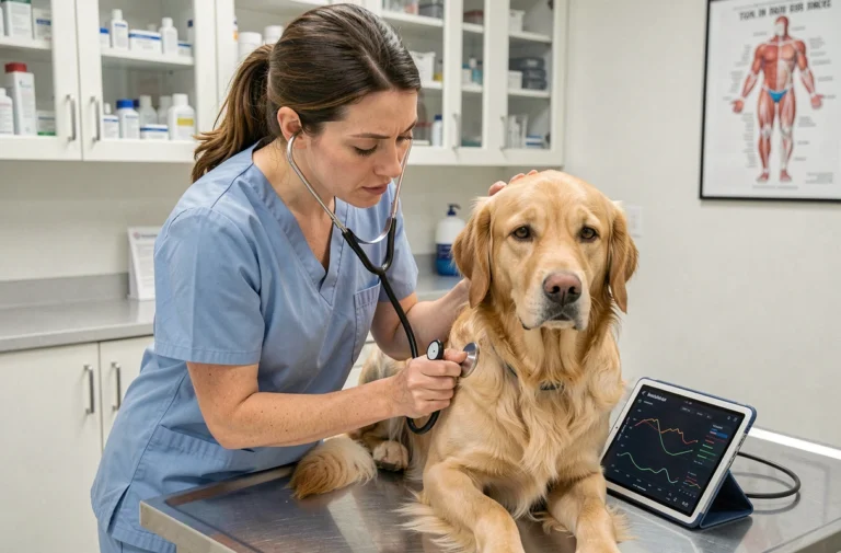 Vétérinaire examinant un golden retriever avec une tablette numérique dans une clinique vétérinaire moderne utilisant la technologie gmvet1
