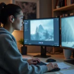 Jeune femme parisienne analysant une vidcap sur son écran d'ordinateur dans un bureau moderne