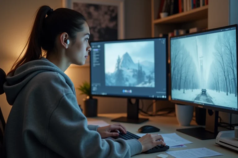 Jeune femme parisienne analysant une vidcap sur son écran d'ordinateur dans un bureau moderne