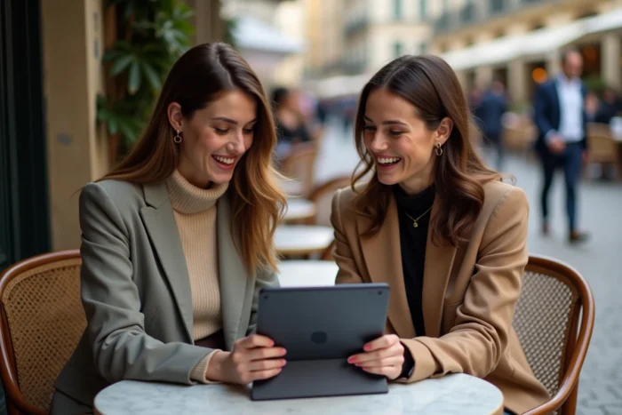 Deux femmes discutant de vidcaps sur une tablette en terrasse de café à Lyon