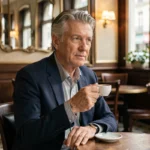 Portrait d'un homme élégant d'une cinquantaine d'années attablé dans un café parisien, illustrant un article sur la vie privée de Philippe Gougler