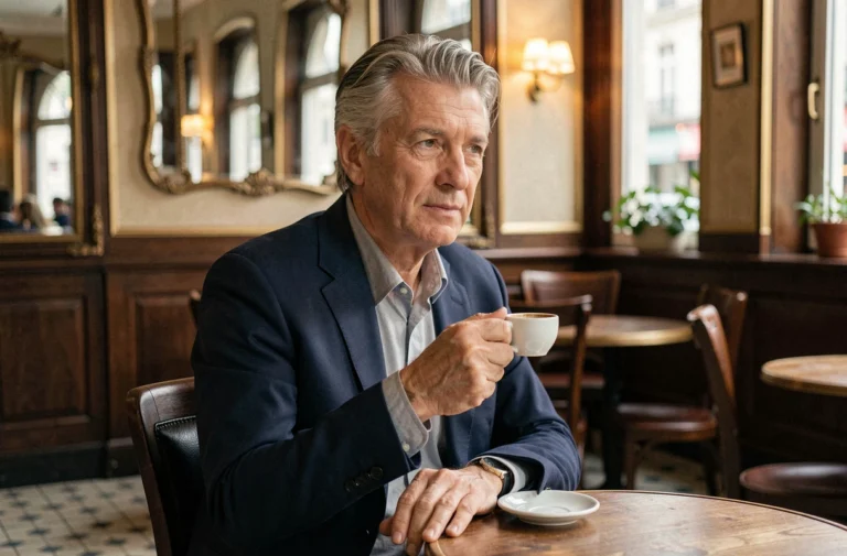 Portrait d'un homme élégant d'une cinquantaine d'années attablé dans un café parisien, illustrant un article sur la vie privée de Philippe Gougler