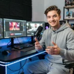 Jeune youtubeur célèbre filmant une vidéo dans son studio home made avec setup gaming et microphone professionnel