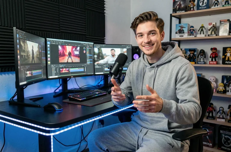 Jeune youtubeur célèbre filmant une vidéo dans son studio home made avec setup gaming et microphone professionnel