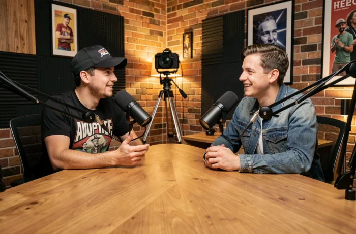 Deux youtubeurs célèbres enregistrant un podcast ensemble dans un studio professionnel avec microphones et décor urbain