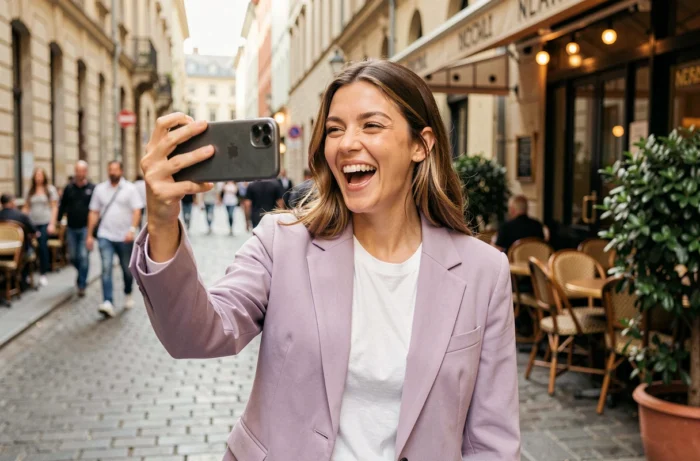 Youtubeuse connue filmant un vlog en extérieur dans une rue animée d'une ville européenne avec smartphone